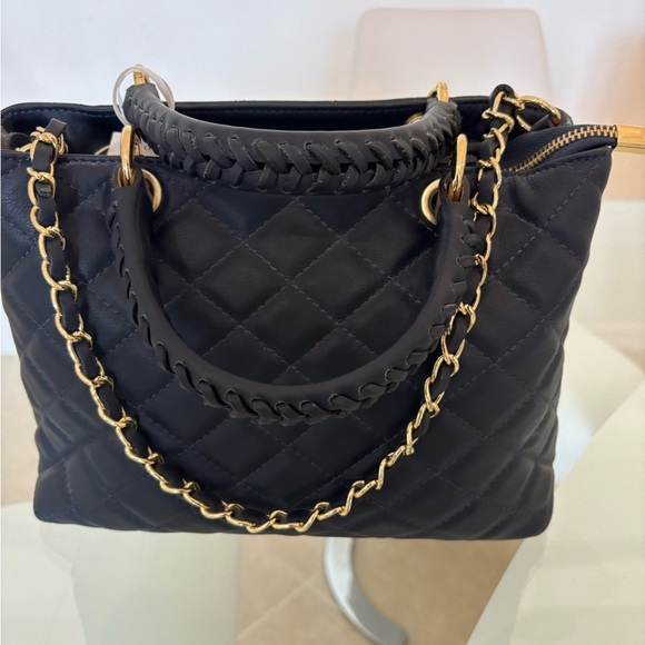 Black and Gold Quilted Leather Shoulder Bag with Chain Straps